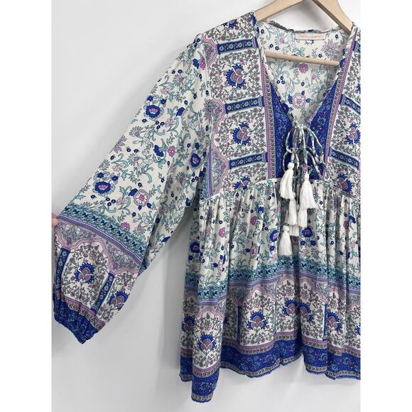Pookie & Sebastian Contrast Pattern Long Sleeve Tassle Tie Front Blouse M/L Boho - Picture 3 of 5